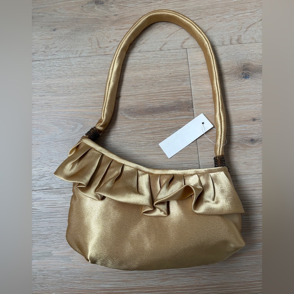 Y2K Gold Satin Evening Bag Small Gold Party Purse Ruffle Top,Shoulder Handle*G28 - Picture 2 of 4